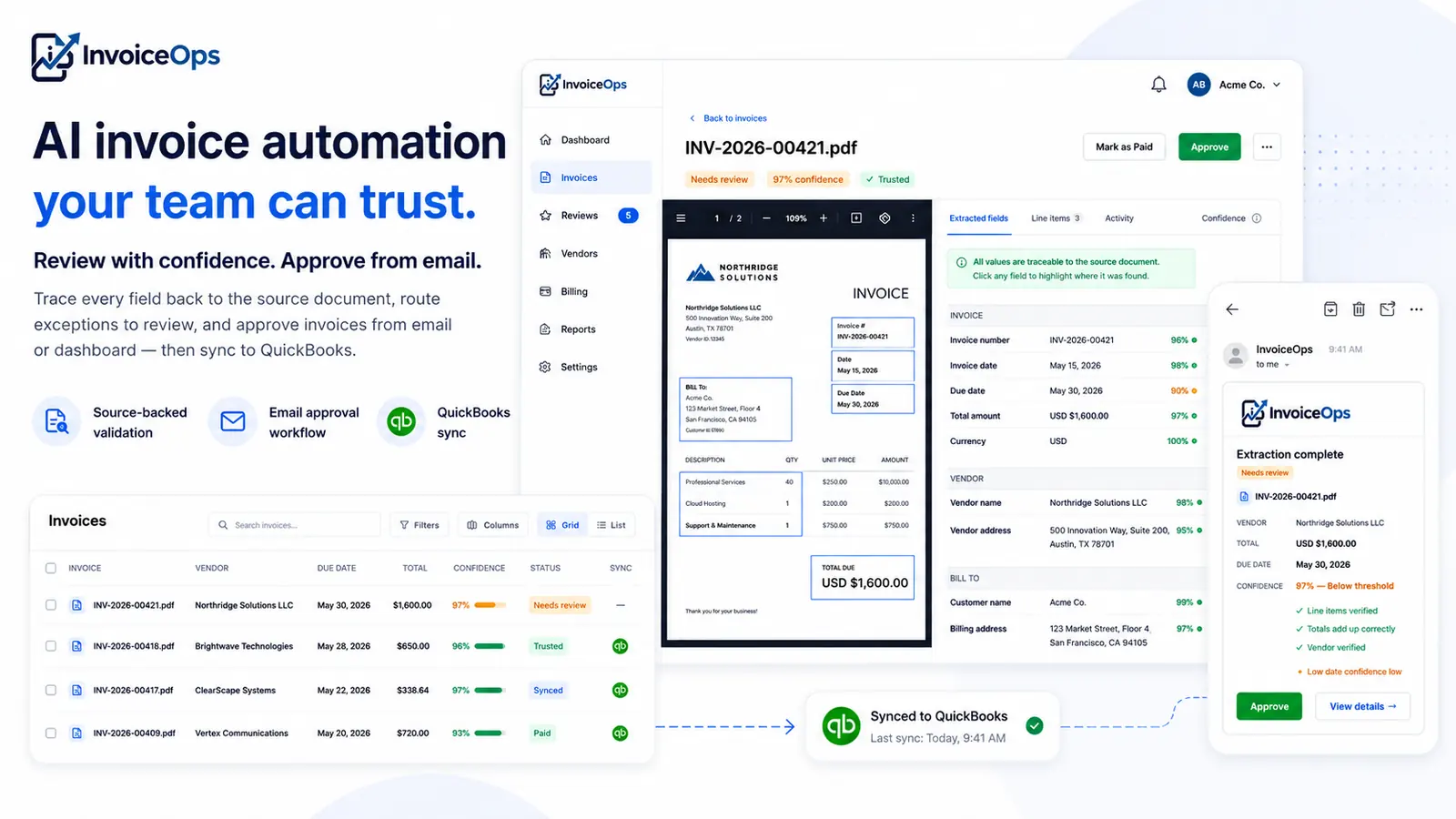 InvoiceOps workflow from searchable invoice intake through source-linked review, email approval, and QuickBooks synchronization.